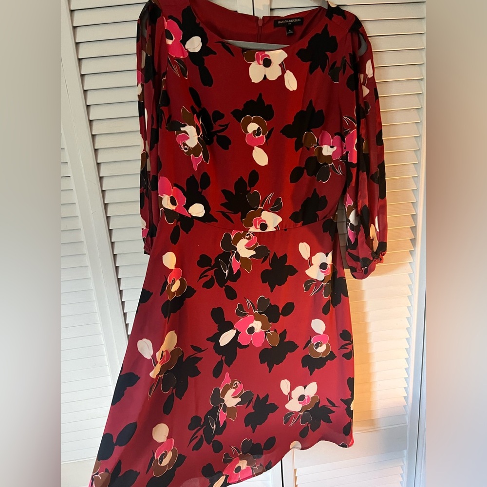 Banana Republic Red and Black A-Line Dress with Bishop Sleeves